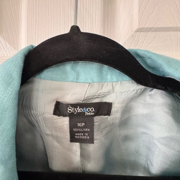 Style & Co tiffany blue green linen Blazer Classic Open Front - Picture 2 of 4